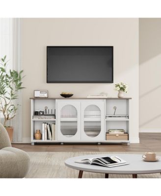 Retro TV Stand for Up to 70" TVs, Media Console with 2 Tempered Glass Cabinets, 4 Adjustable Shelves and Cord Management