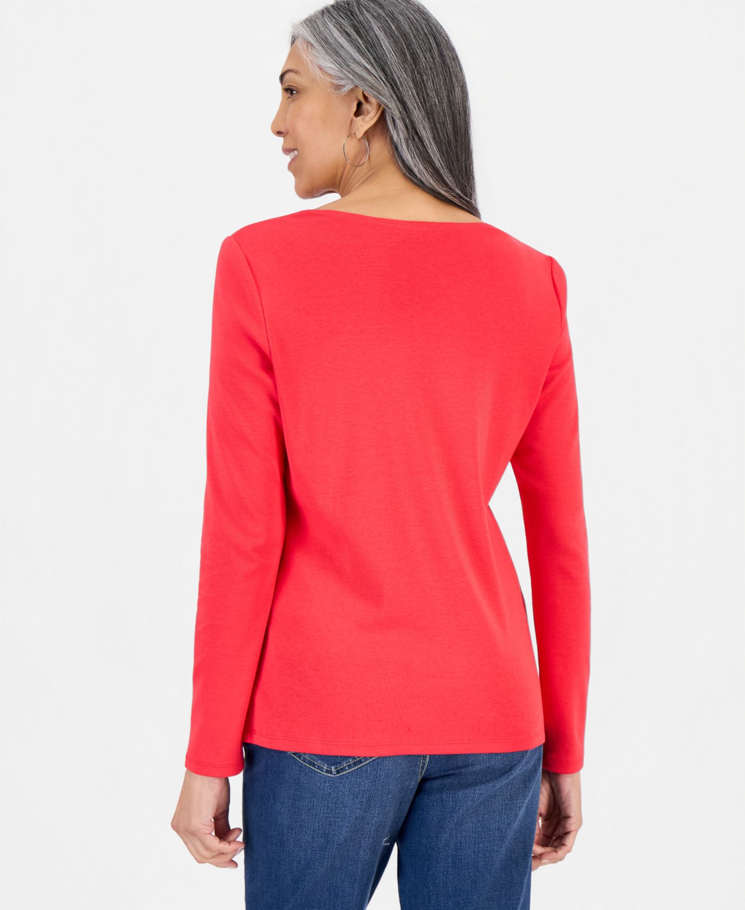 Petite Scoop-Neck Long-Sleeve Cotton Top