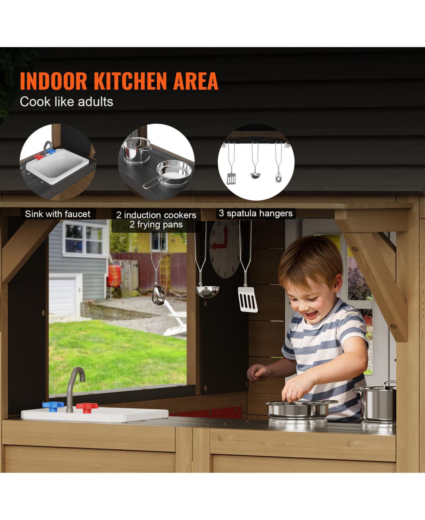 Детская игрушка VEVOR Outdoor Wooden Playhouse with Kitchen Sink, 55.24"L x 49.61"W x 65.35"H, Ages 2-8 — фото 4