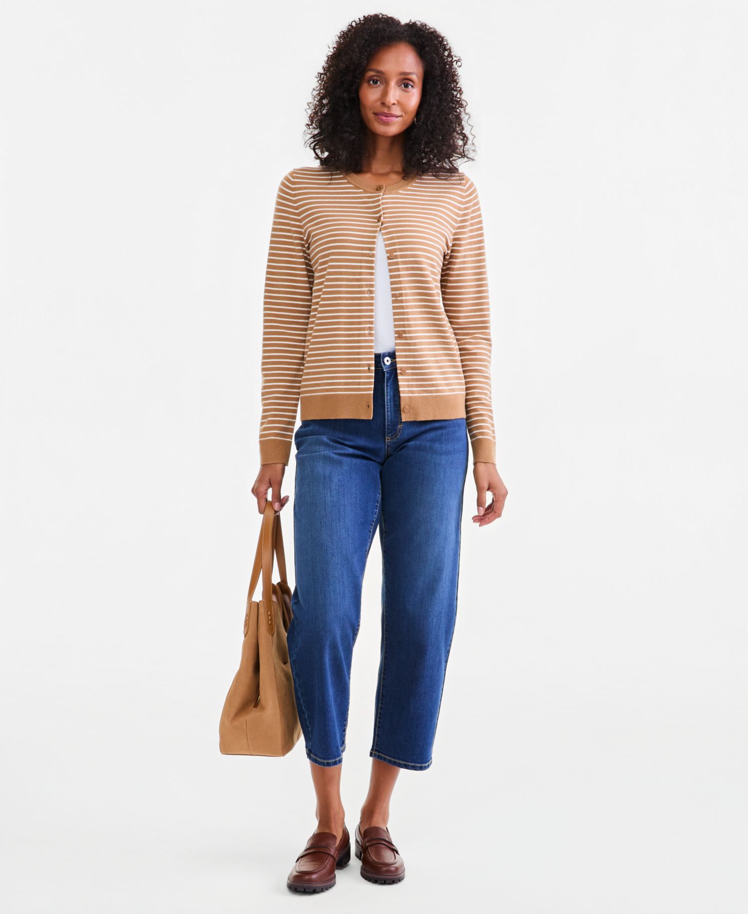 Women's Stripe Crew-Neck Button-Down Cardigan Sweater