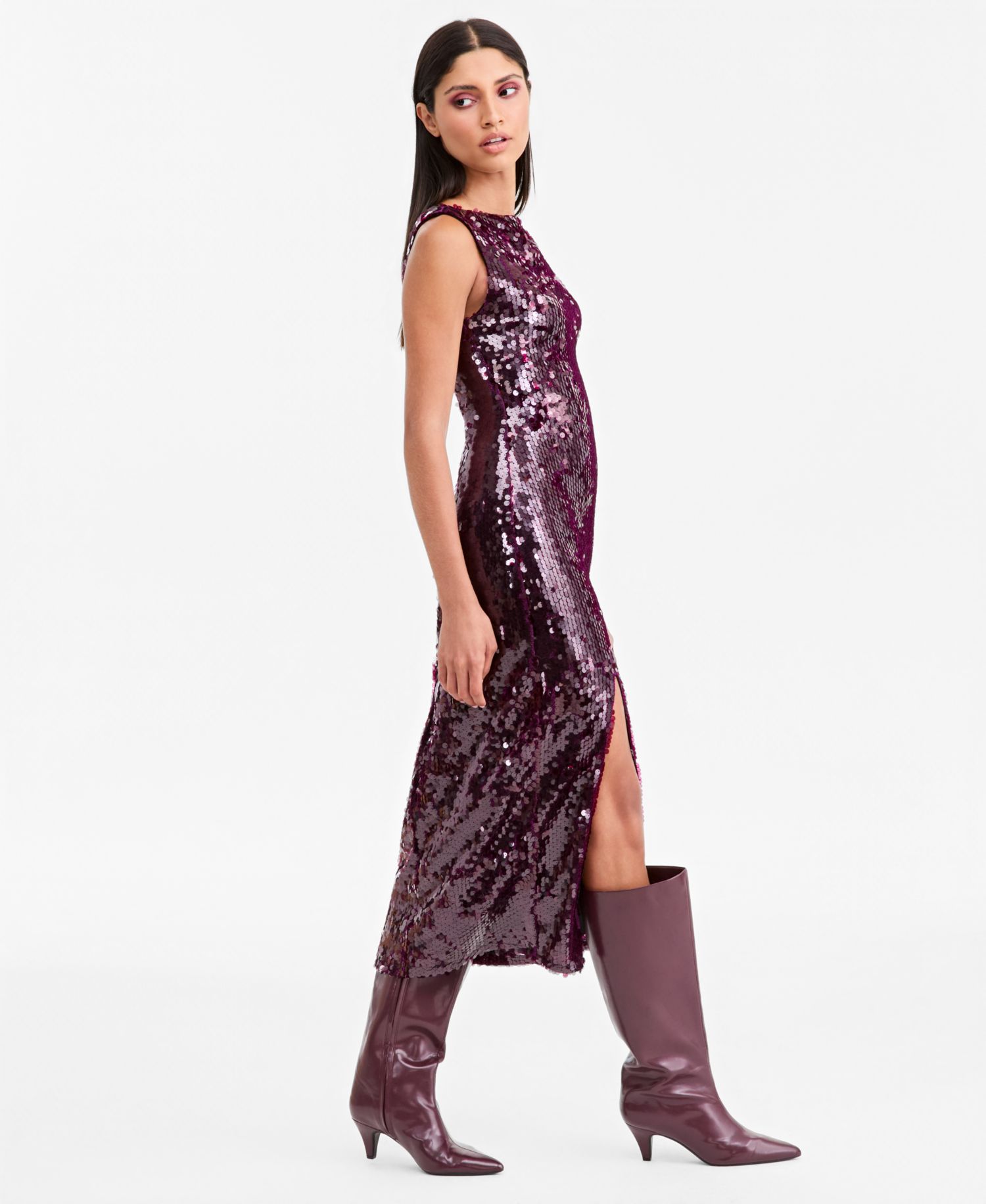 Women's Sequin Side-Slit Sleeveless Midi Dress