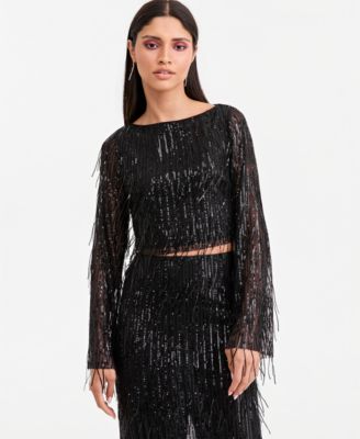 Women's Long-Sleeve Semi-Sheer Cropped Sequin Fringe Top