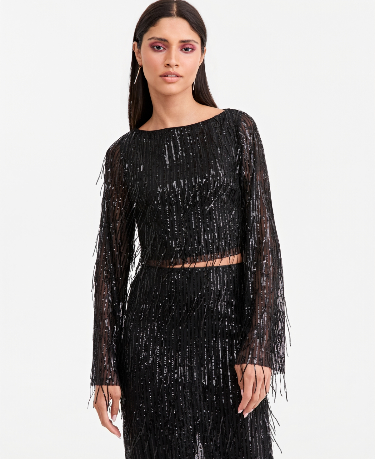Lapointe X Macy's Women's Boat Neck Sequin Fringe Long-Sleeve Crop Top, Exclusive