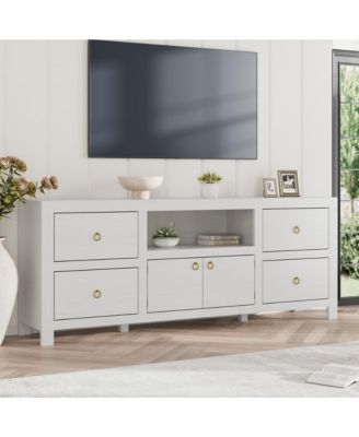 TV Stand for 70-80" TV – 70" Farmhouse Entertain Center with Soundbar Shelf and 6 Drop-Down Doors, Holds 400 lbs for Living Room and Bed Room