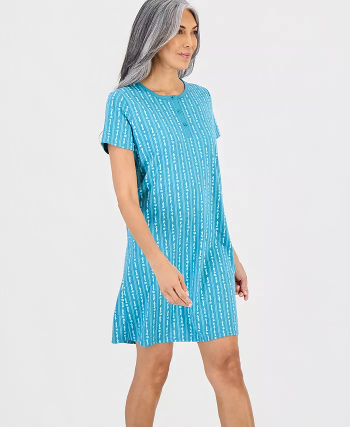 Women's Cotton Printed Henley Sleepshirt - thumbnail 7