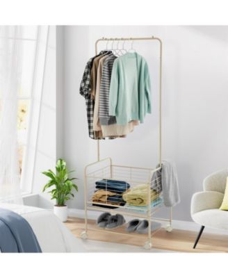 Entryway Clothes Rack with Wheels and Storage Basket, 68 Inch Metal Hall Tree with Hanging Rod and Shelves for Coat, Bag, Shoe Storage