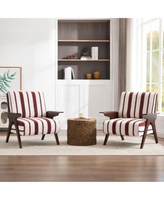 Modern Striped Armchair with Solid Wood Legs (Set of 2)