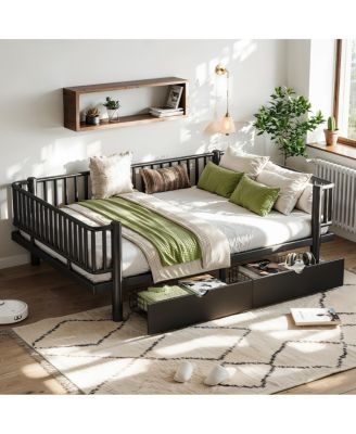  Full Size Metal Platform Bed with Storage Drawers and Safety Round-Pipe Design