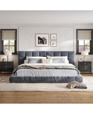 Upholstered Velvet Platform Bed with Channel Tufted Headboard