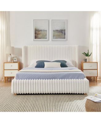  Queen Vertical Striped Gas Lift Storage Bed in Luxury Fluffy Rabbit Fur