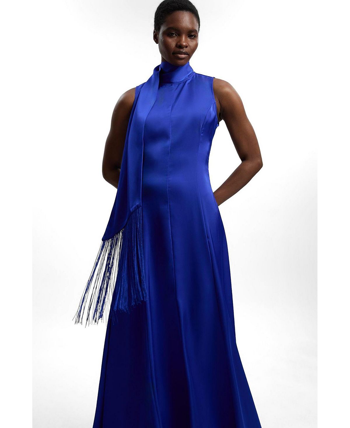 Karen Millen Women's Satin Cowl Neck Scarf Fringe Maxi Dress view 2 — MAYCSS fashion products