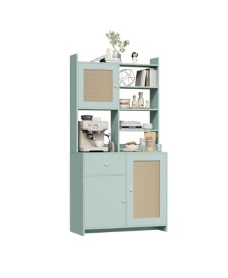71 Inch Tall Kitchen Pantry Cabinet with Rattan Doors Storage Hutch with Microwave Stand and Adjustable Shelves