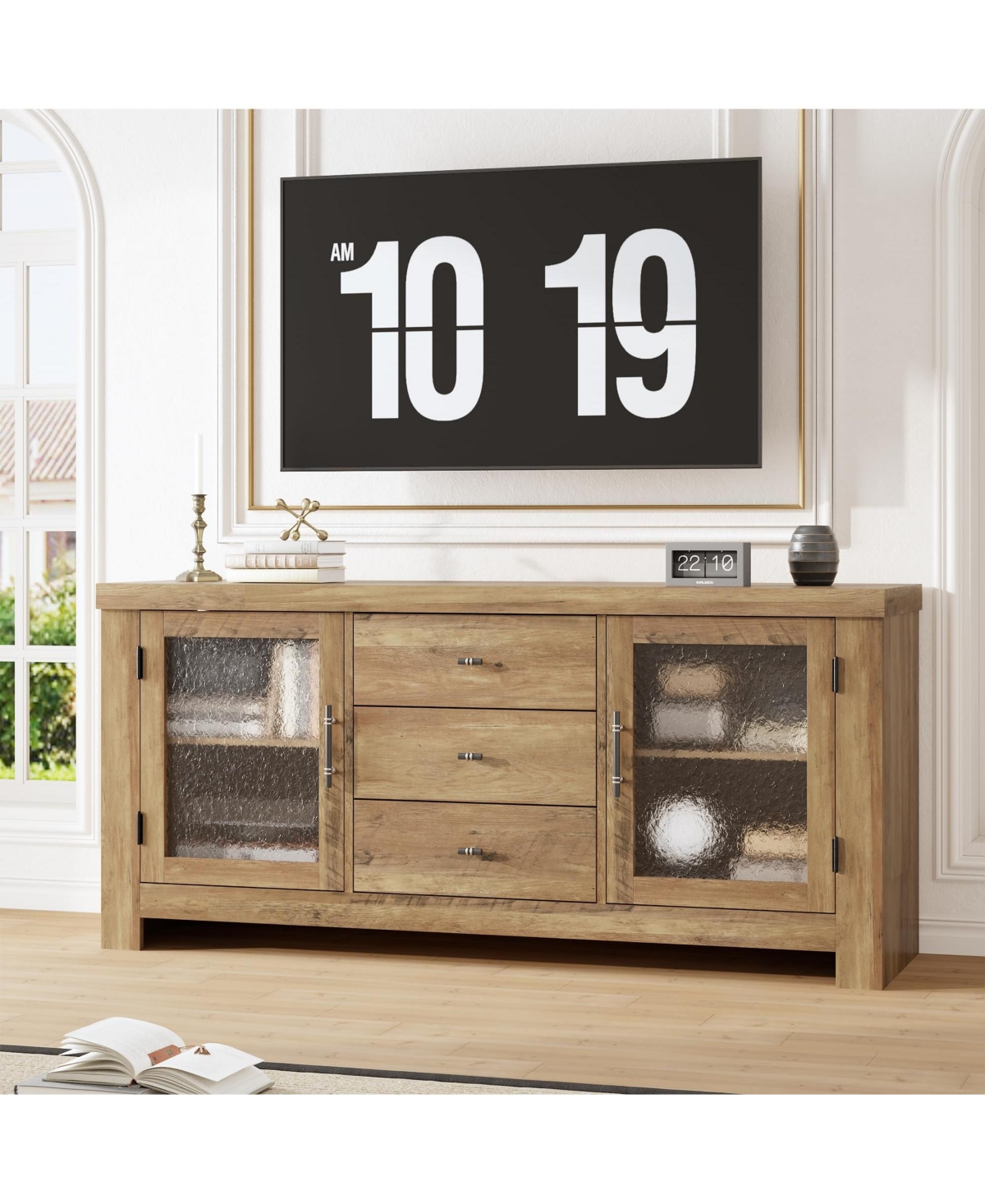 homfan Buffet Sideboard with Glass Doors and Drawers Accent Storage Cabinet Coffee Bar for Living Room Kitchen Dining Room