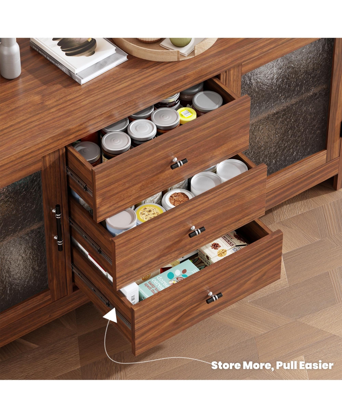 homfan Buffet Sideboard with Glass Doors and Drawers Accent Storage Cabinet Coffee Bar for Living Room Kitchen Dining Room
