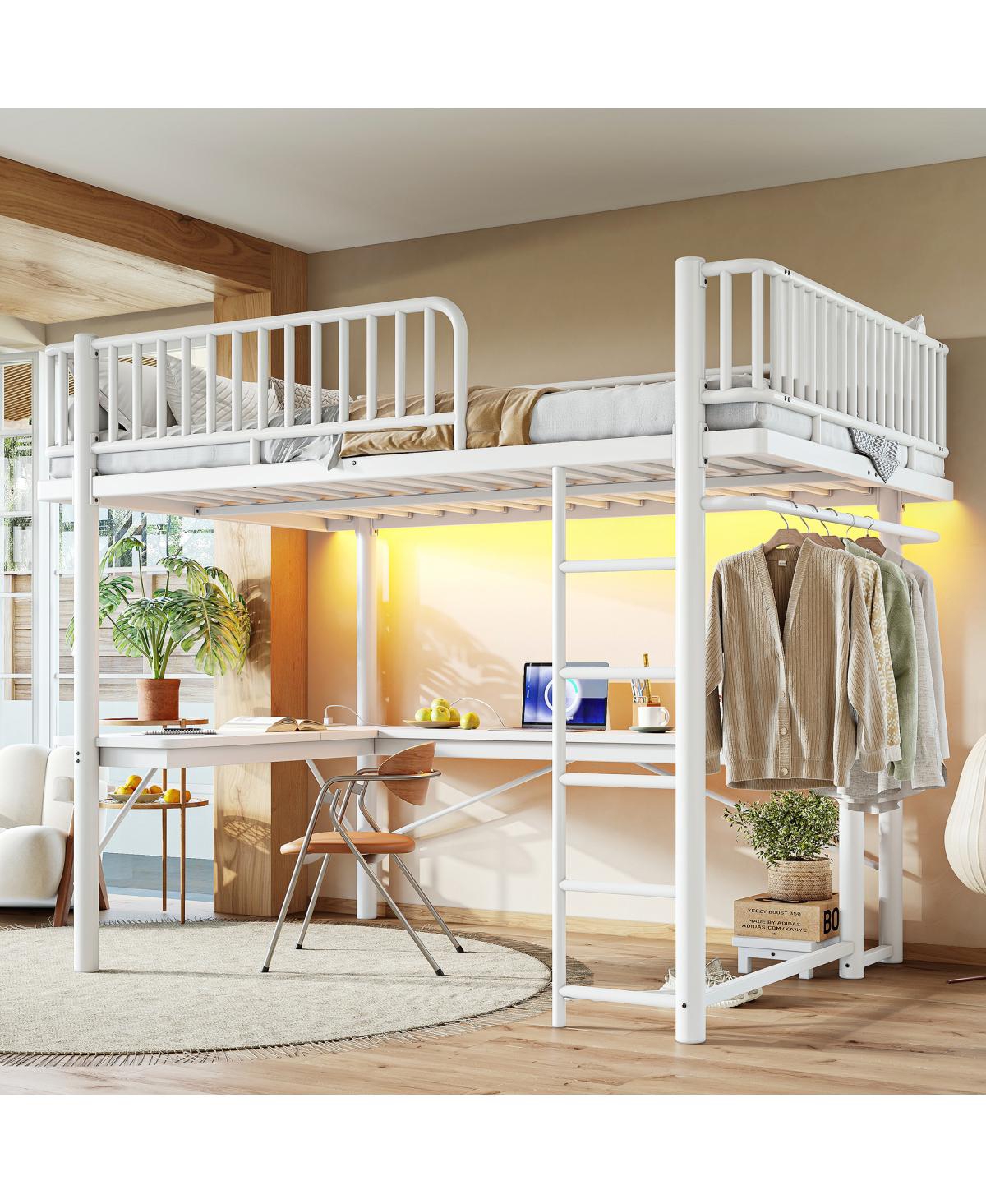 Streamdale Furniture Queen Metal Loft Bed with L-Shaped Desk Led Lights and Charging Station