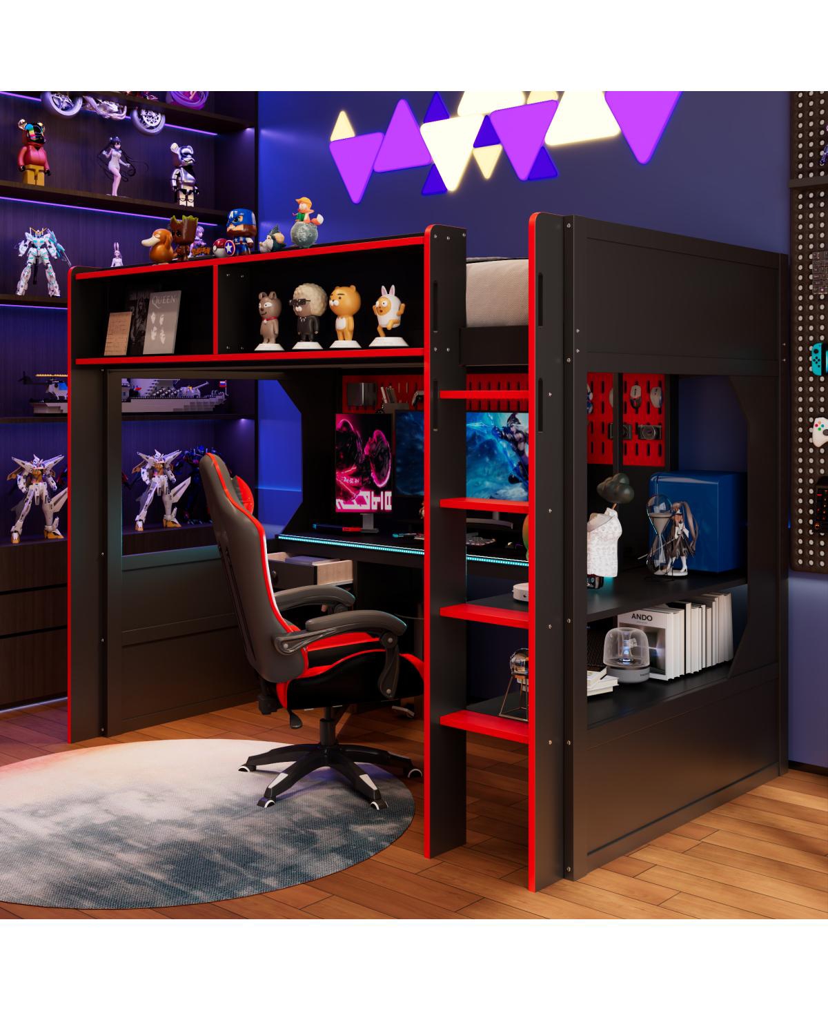 Streamdale Furniture Twin Gaming Loft Bed with Desk Lights and Charging Station