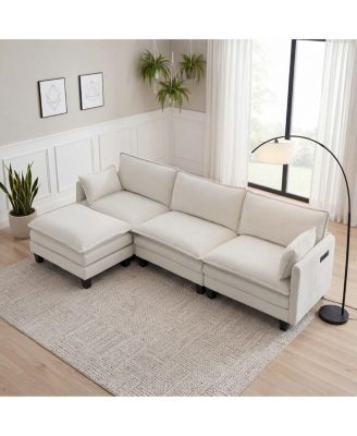 Modern Chenille 3-Seat Sofa with Ottoman USB Ports and Side Pockets