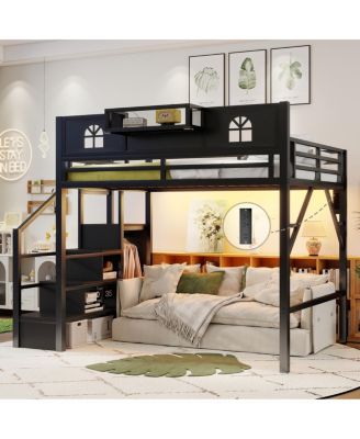 Full Size Metal Loft Bed with Stairs Wardrobe and House-Shaped Guardrails