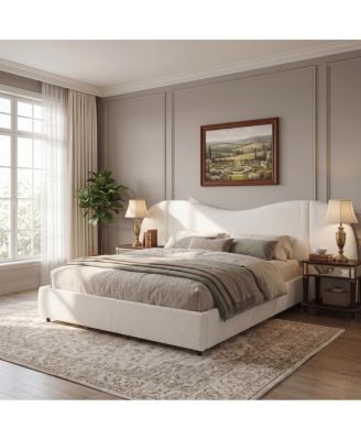 Boucle Upholstered Bed Frame with Curved Wide Headboard Off