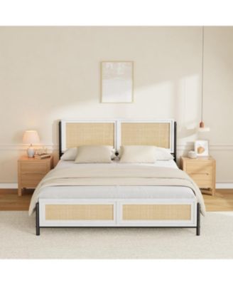 Boho Style Rattan Bed Frame with Rattan Headboard and Footboard Durable Wood and Metal Platform, Noise Free, Easy Assembly