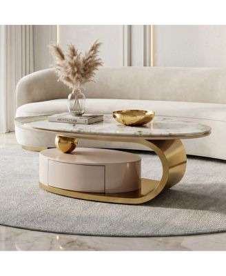   51.18'' Luxury Oval Coffee Table with Drawer Glass Top and Gold Stainless Frame