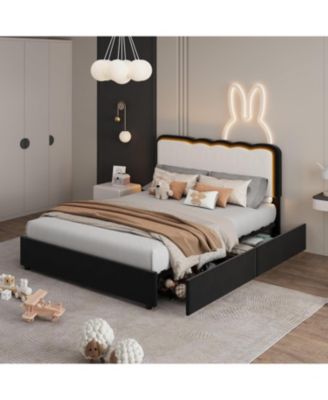 Upholstered LED Bed Frame with Storage Drawer and Adjustable Headboard, Velvet Princess Platform Bed