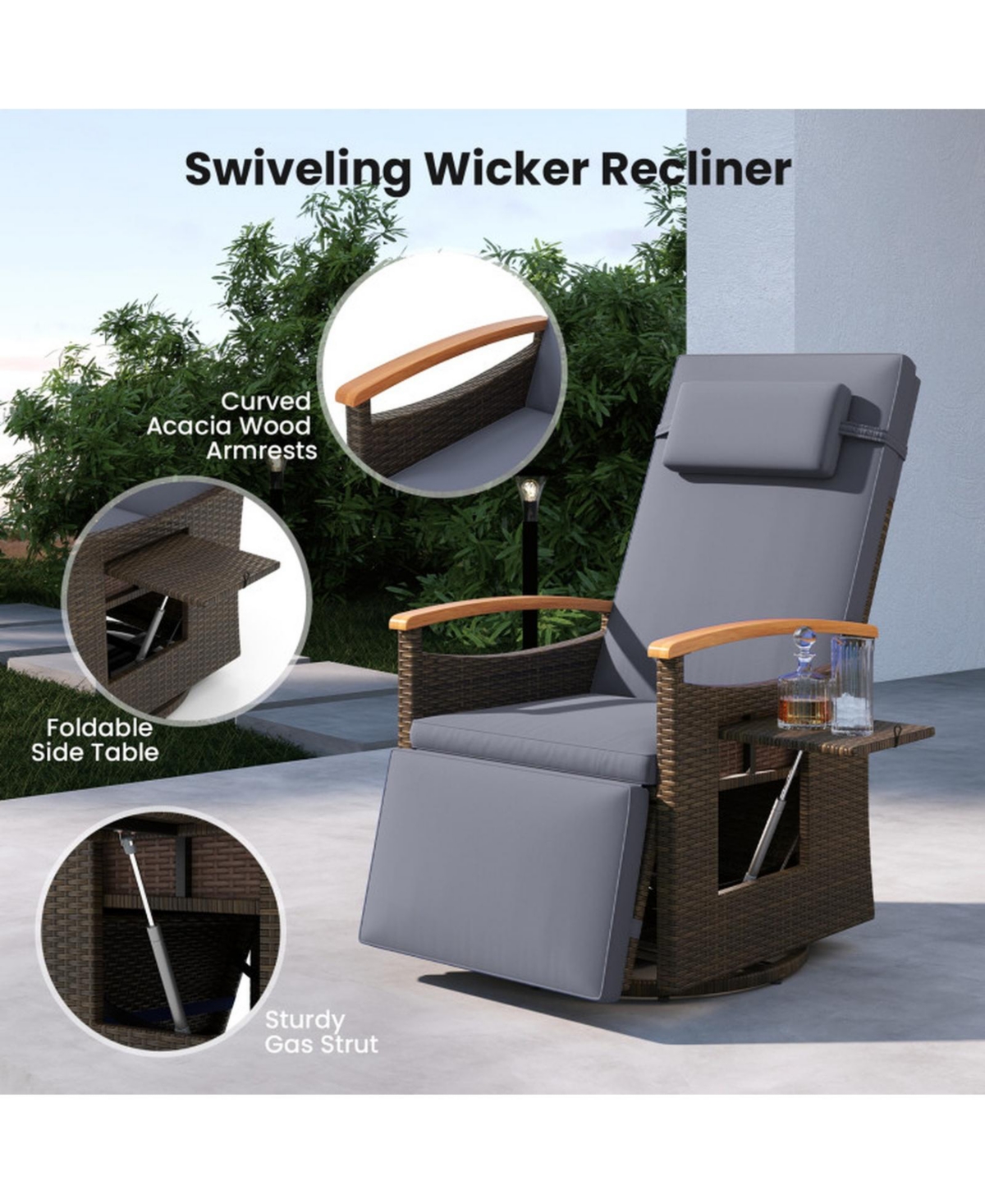 Gouun Patio Rattan 360 Swivel Recliner Chair Adjustable Backrest and Footrest