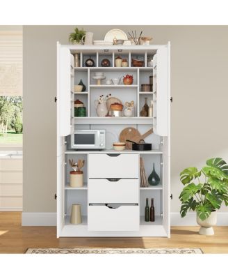 Tall Freestanding Kitchen Pantry Cabinet with 4 Doors 3 Drawers and Wine Racks