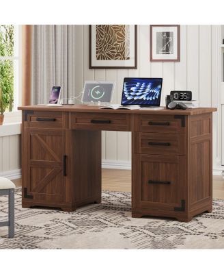 5'' Farmhouse Executive Desk with Charging Station 5 Drawers and Cabinet Walnut