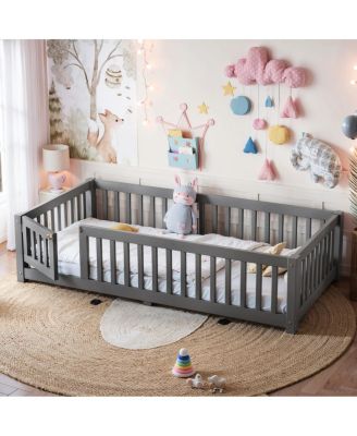 Twin Size Bed Floor Bed with Safety Guardrails and Door for Kids