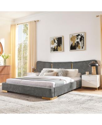Queen Size Extra Large Chenille Platform Bed with Curved Headboard