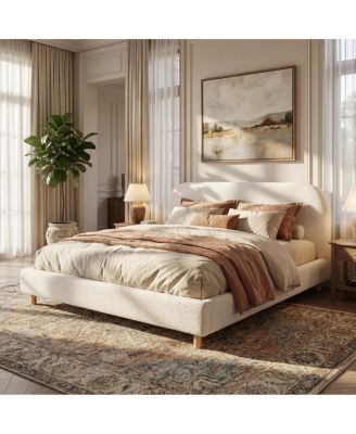 California King Boucle Upholstered Bed with Curved Headboard