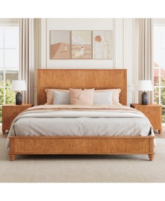 Solid Wood King Platform Bed Frame with Tall Headboard No Box Spring Needed