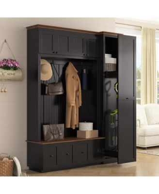 5-in-1 Farmhouse Hall Tree with Storage Bench Coat Rack and Shoe Cabinet
