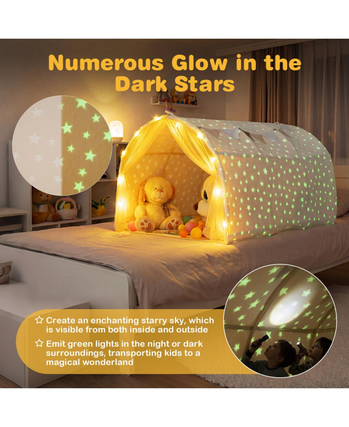 Детская игрушка Slickblue Dream Glow-in-the-Dark Stars Twin Bunk Bed Tent Canopy, Ages 3+, цвет: Бежевый — фото 6