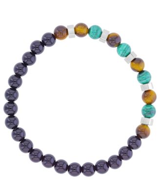 Men's Platinum-Plated Steel Onyx Tiger Eye Malachite Stretch Bracelet