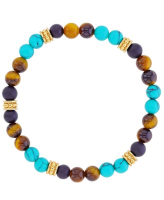 Men's 18k Yellow Gold-Plated Onyx Tiger Eye Turquoise Stretch Bracelet