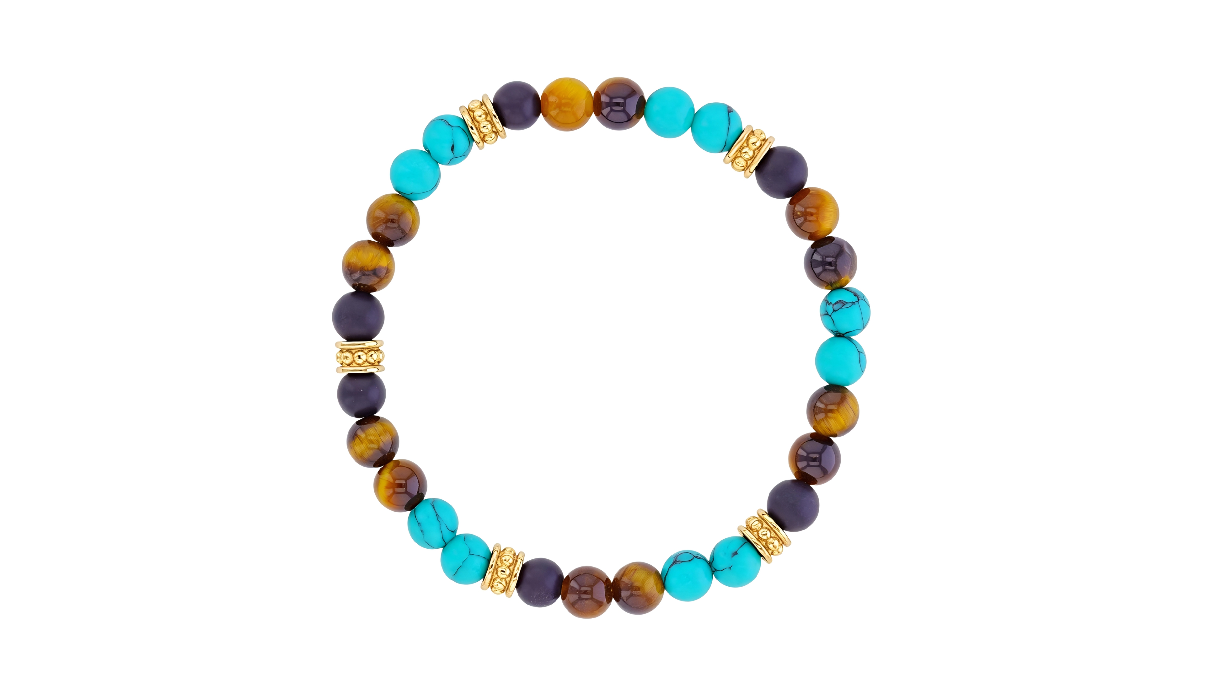 Quiksilver Men's 18k Yellow Gold-Plated Onyx Tiger Eye Turquoise Stretch Bracelet
