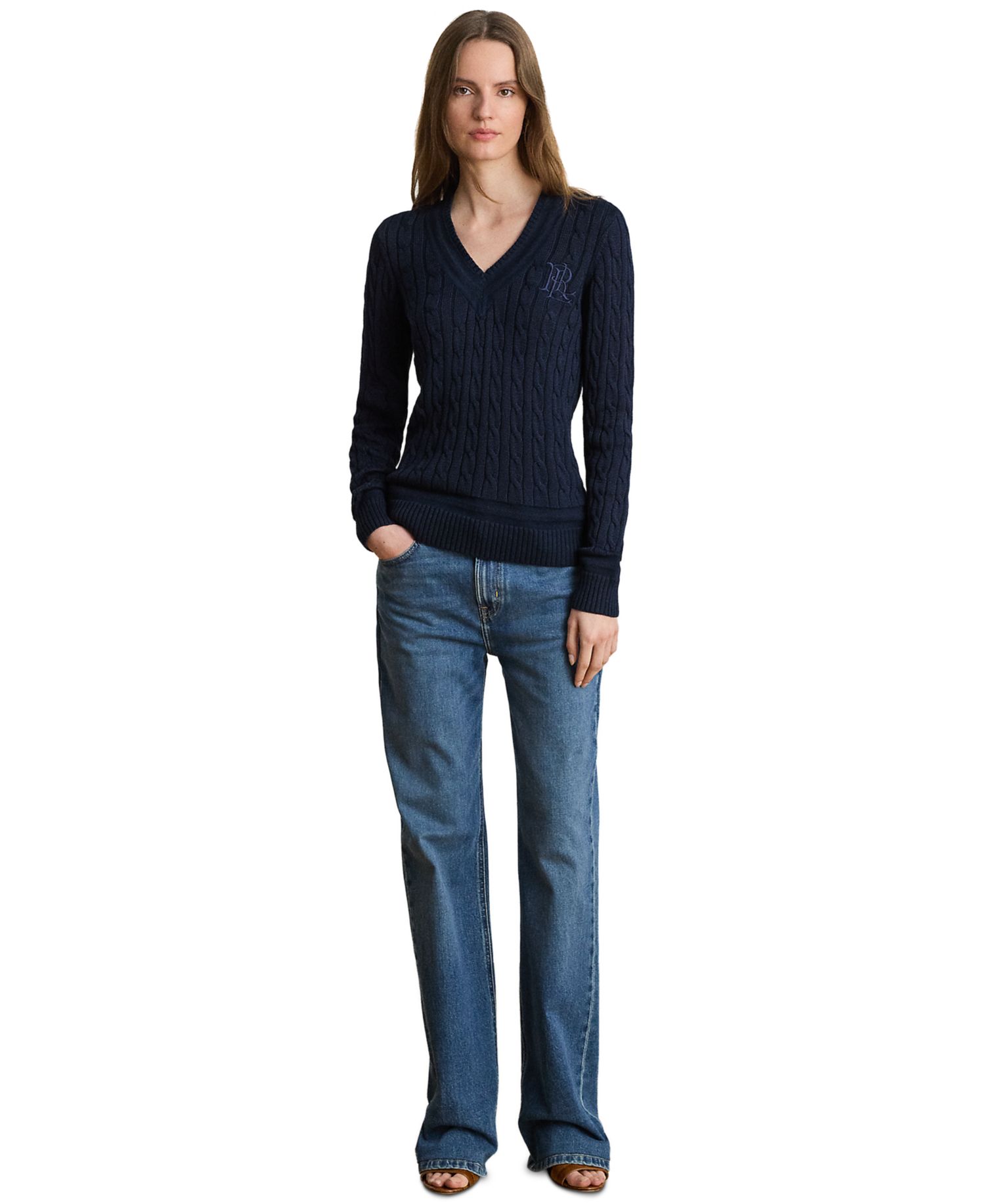 Petite Long-Sleeve V-Neck Cable Knit Sweater