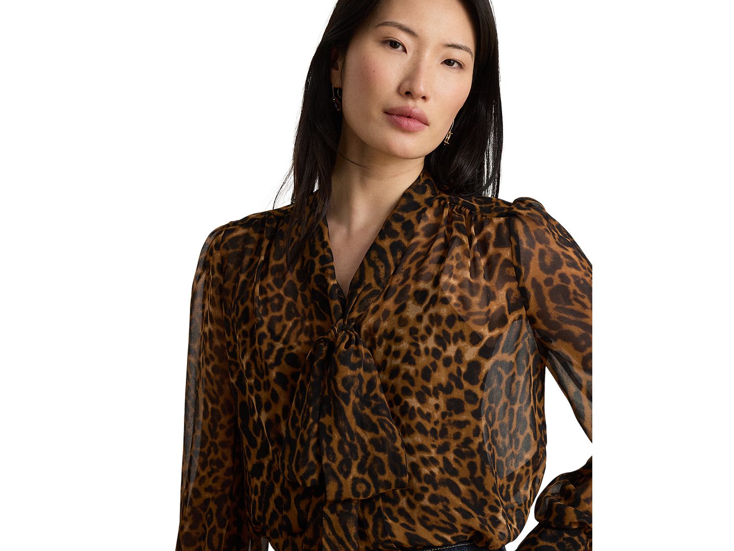 Женская блузка Lauren Ralph Lauren Petite Ocelot-Print Chiffon Tie-Neck, цвет: Рыжевато-коричневый разноцветный — фото 4