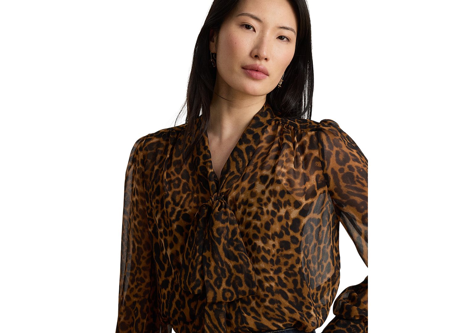 Petite Ocelot-Print Chiffon Tie-Neck Blouse