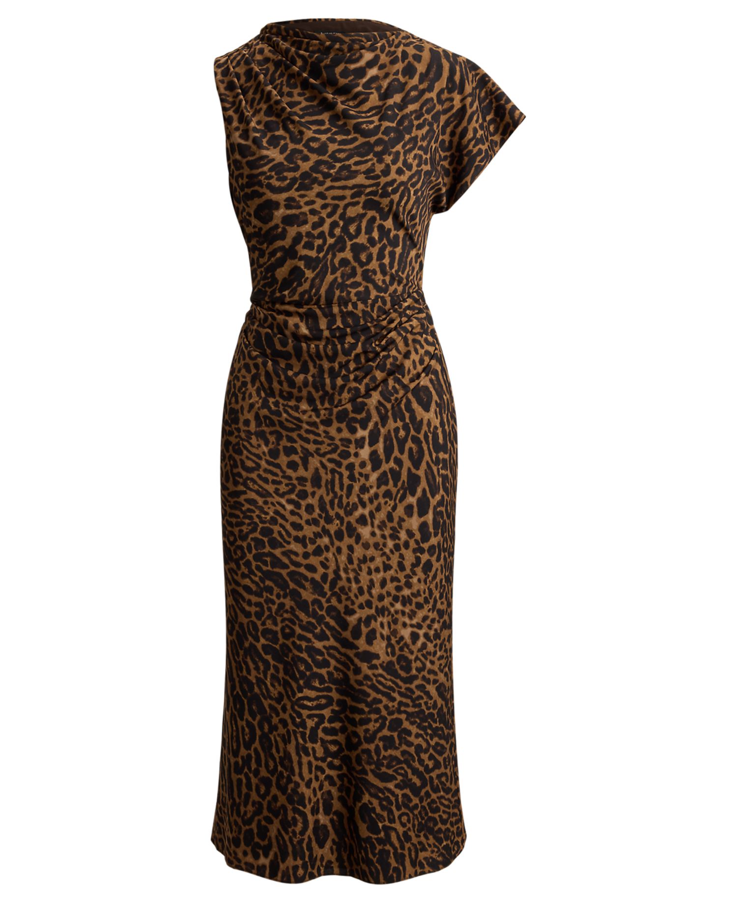 Petite Asymmetrical Neck Ocelot-Print Pleated Crepe Dress