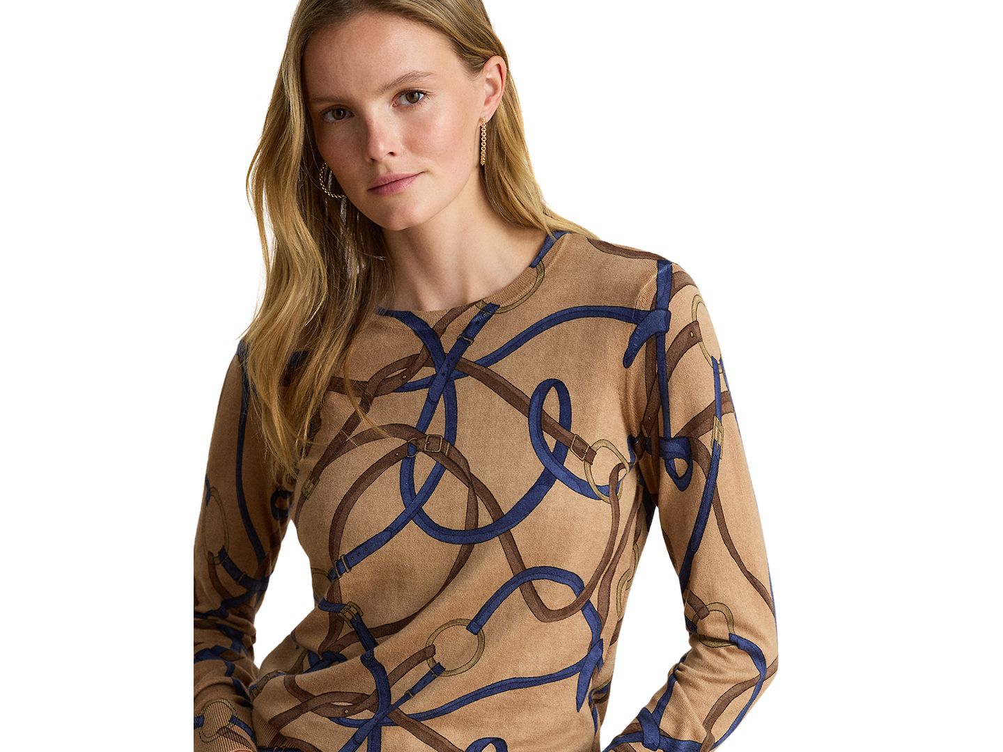 Женский свитер Lauren Ralph Lauren Petite Belting-Print Cotton-Modal, цвет: Верблюжий разноцветный — фото 3