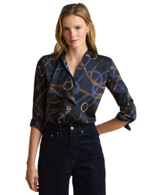 Petite Belting-Print Ruffle-Trim Twill Shirt