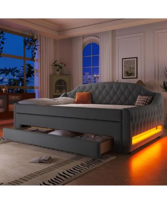 Upholstered Full Size Daybed with LED Belt Trundle and Three Drawers