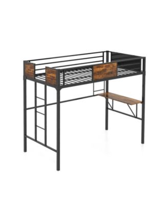 Twin Size Industrial Metal Loft Bed with Desk Storage Shelf and Build-in Ladder