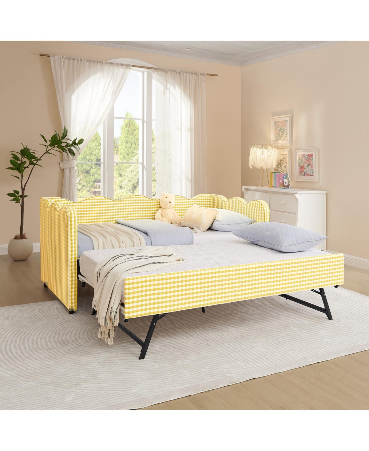Streamdale Furniture Cozy Gingham Twin Daybed with Trundle Usb Port and Wave-Shaped Backrest