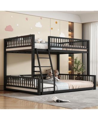 over Queen Floor Bunk Bed with Ladder and Guardrails