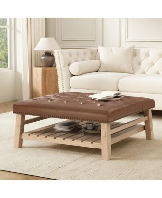  41.5'' Tufted Square Ottoman Coffee Table with Storage Shelf and Nailhead Trim