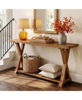 63'' Solid Wood Console Table, 2-Tier Narrow Entryway Table with Storage, Farmhouse Sofa Console Behind Couch